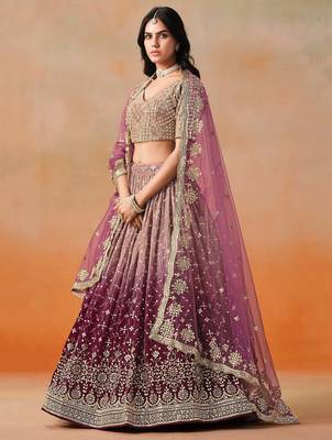 maroon embroidered georgette bridesmaids lehenga set choli with dupatta 2