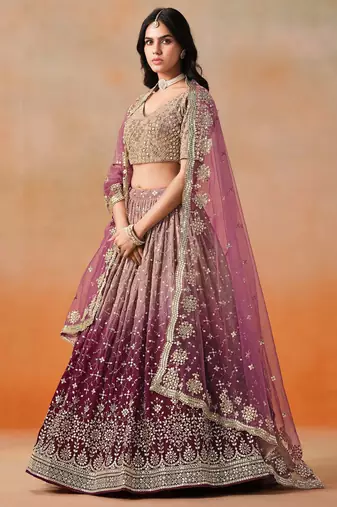 maroon embroidered georgette bridesmaids lehenga set choli with dupatta
