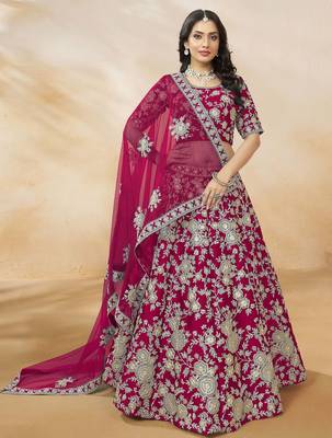 hot pink dori embroidery silk lehenga set choli with dupatta 1