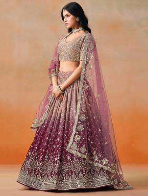 maroon embroidered georgette bridesmaids lehenga set choli with dupatta 3