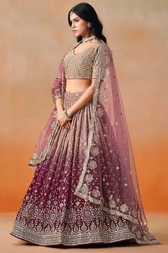 maroon embroidered georgette bridesmaids lehenga set choli with dupatta