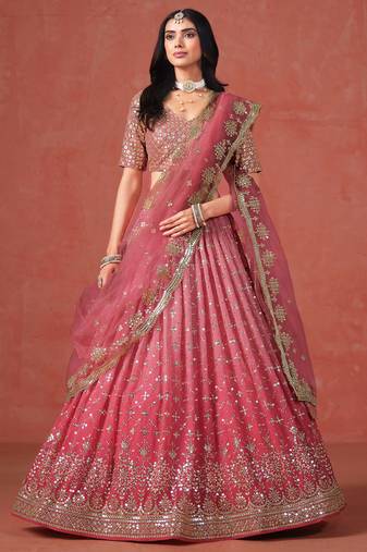 Peach Georgette Embroidered Zari Lehenga Choli With Dupatta