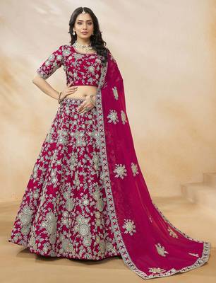 hot pink dori embroidery silk lehenga set choli with dupatta 2