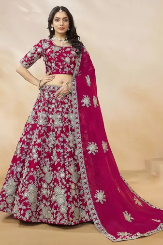 hot pink dori embroidery silk lehenga set choli with dupatta