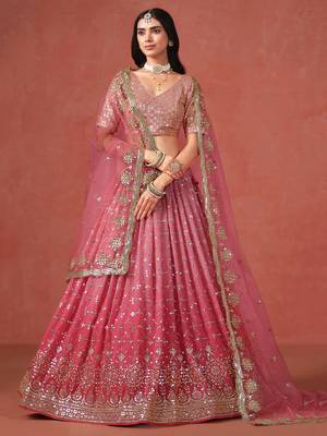 peach georgette embroidered zari lehenga set choli with dupatta with dupatta 2
