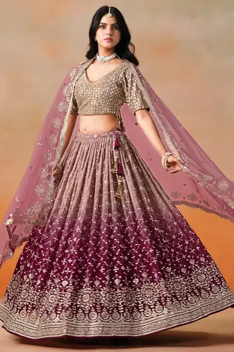 maroon embroidered georgette bridesmaids lehenga set choli with dupatta