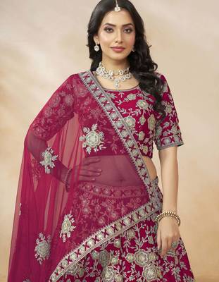 hot pink dori embroidery silk lehenga set choli with dupatta 3