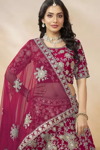 hot pink dori embroidery silk lehenga set choli with dupatta