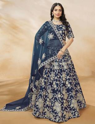 navy blue dori embroidered silk lehenga set choli with dupatta with dupatta 1