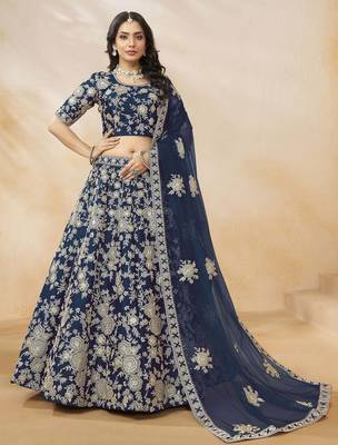navy blue dori embroidered silk lehenga set choli with dupatta with dupatta 2