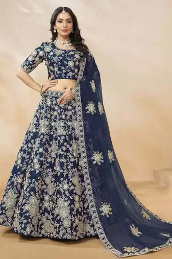 navy blue dori embroidered silk lehenga set choli with dupatta with dupatta