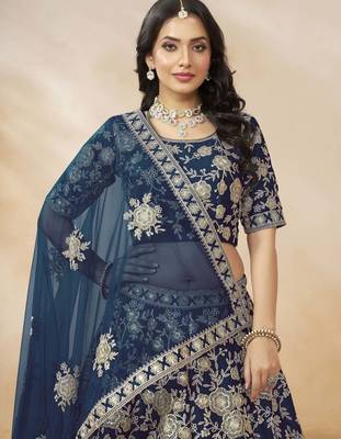 navy blue dori embroidered silk lehenga set choli with dupatta with dupatta 3