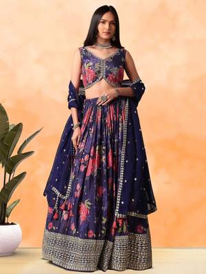 purple floral printed chinon lehenga set choli with dupatta 1