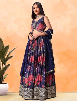 purple floral printed chinon lehenga set choli with dupatta 2