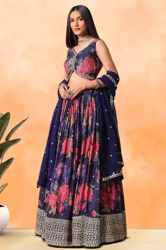 purple floral printed chinon lehenga set choli with dupatta