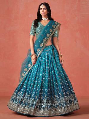 teal blue sequins work georgette lehenga set choli with dupatta 1