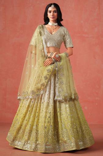 Incredible Yellow Zari Embroidery Designer Lehenga Choli