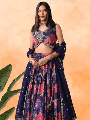 purple floral printed chinon lehenga set choli with dupatta 4