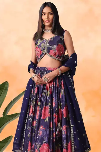 purple floral printed chinon lehenga set choli with dupatta