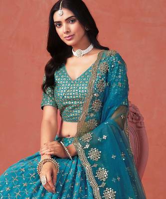 teal blue sequins work georgette lehenga set choli with dupatta 2