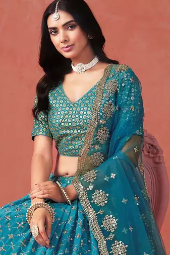 teal blue sequins work georgette lehenga set choli with dupatta