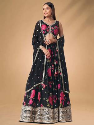 black floral printed chinon party lehenga with blouse 1