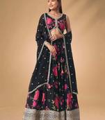 Black Floral Printed Chinon Party Wear Lehenga With Blouse