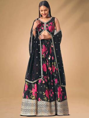 black floral printed chinon party lehenga with blouse 2
