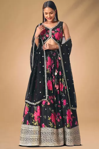 black floral printed chinon party lehenga with blouse