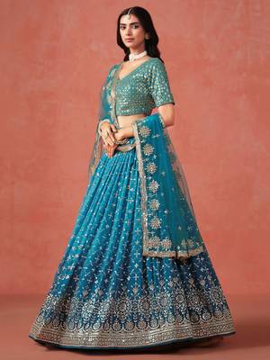 teal blue sequins work georgette lehenga set choli with dupatta 3