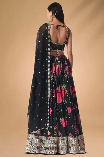 black floral printed chinon party lehenga with blouse