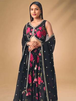 black floral printed chinon party lehenga with blouse 4