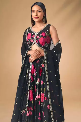 black floral printed chinon party lehenga with blouse
