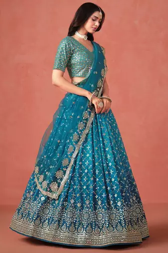 teal blue sequins work georgette lehenga set choli with dupatta