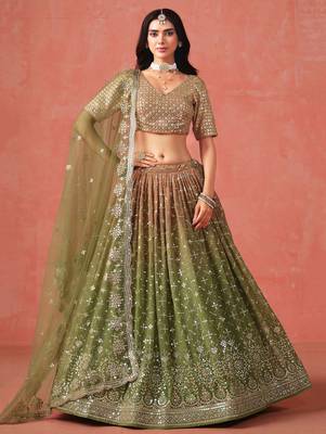 mehendi georgette sequins work lehenga set choli with dupatta with dupatta 1
