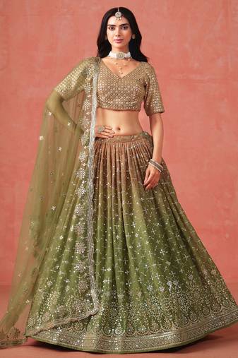 Tantalizing Mehendi Georgette Sequins Work Lehenga Choli With Dupatta