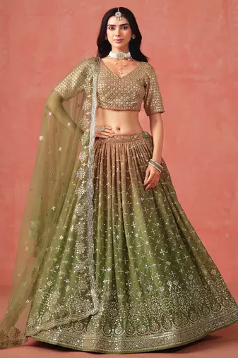Tantalizing Mehendi Georgette Sequins Work Lehenga Choli With Dupatta