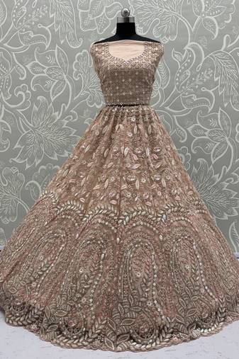 Peach Zircon Work Net Wedding Wear Lehenga Choli With Dupatta