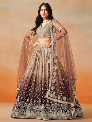 brown georgette sequins lehenga set choli with dupatta with dupatta 3