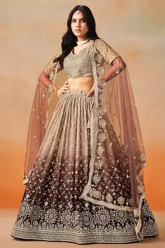 brown georgette sequins lehenga set choli with dupatta with dupatta