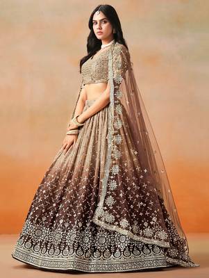 brown georgette sequins lehenga set choli with dupatta with dupatta 4