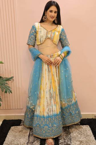 White & Blue Sequins Chinon Festive Wear Lehenga Choli