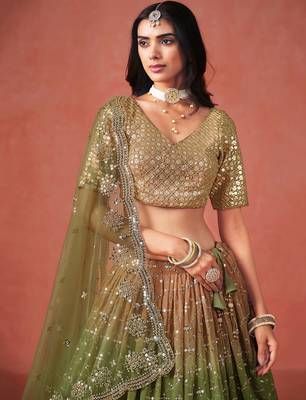 mehendi georgette sequins work lehenga set choli with dupatta with dupatta 4