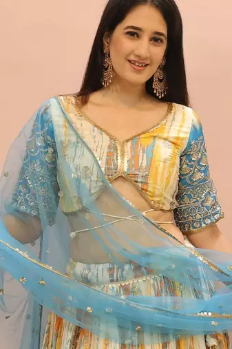 white & blue sequins chinon festive lehenga set choli with dupatta