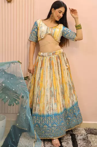 white & blue sequins chinon festive lehenga set choli with dupatta