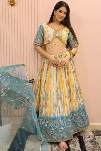 white & blue sequins chinon festive lehenga set choli with dupatta