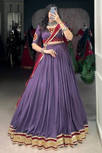 Delightful Mauve Rayon Festive Wear Lehenga With Gamthi Work Blouse