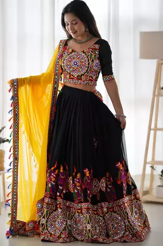 Magnificent Black Embroidered Georgette Navratri Special Lehenga Choli