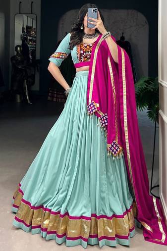 Lovely Sky Blue Rayon Festive Wear Lehenga With Gamthi Work Blouse