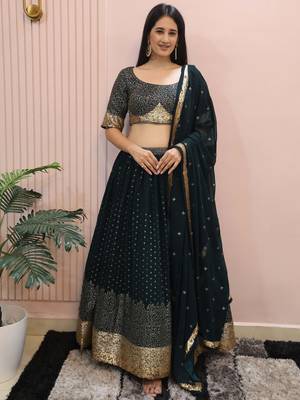 dark green sequins georgette party lehenga set choli with dupatta with dupatta 1